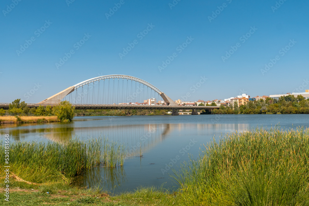 Guadiana river in the city of Merida and the Lusitania bridge, Extremadura. Spain