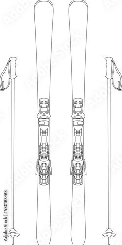 All Mountain Ski / Carving Ski / Freeride Ski modern equipment. Ski ,Ski binding and Ski pole for winter sports sketch drawing, contour lines drawn