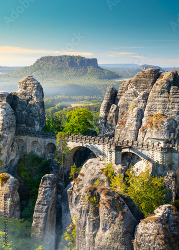 Panorama view of the Bastei. The Bastei is a famous rock formation in Saxon Switzerland National Park, Germany