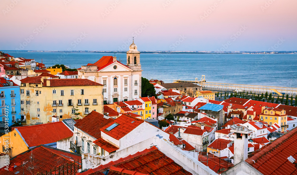 Beautiful panoramic view of  old district Alfama, Lisbon, Portugal