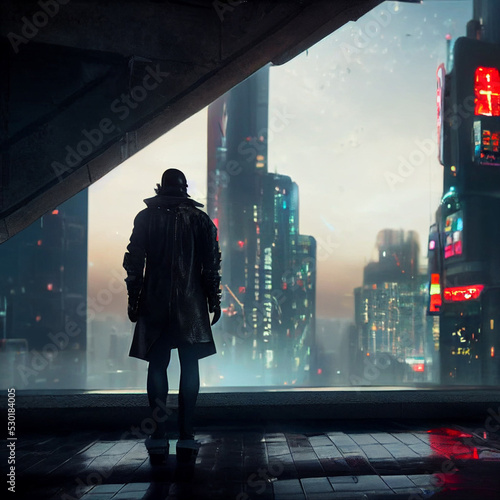 Silhouette of a man overlooking a cyberpunk city