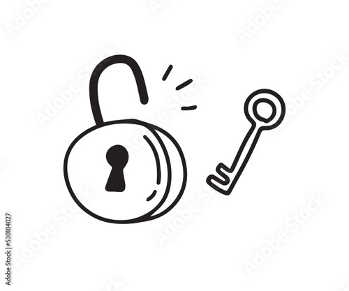 doodle lock and key. Hand drawn sketch style. Protection, Isolated key to solving the problem