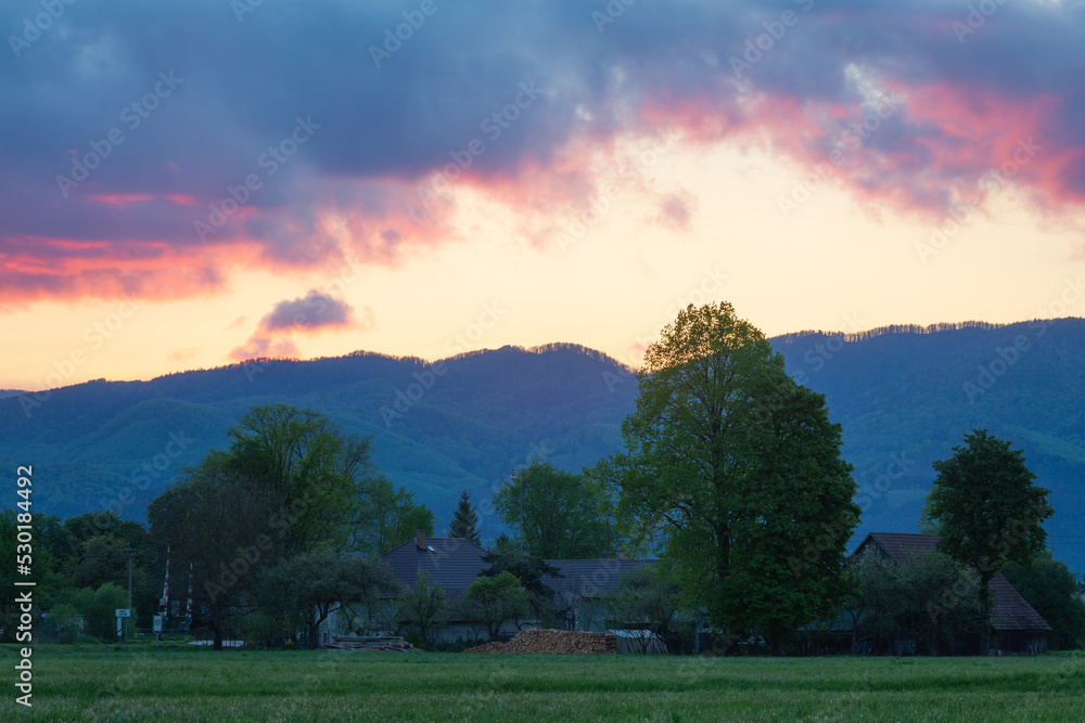 Evening view of Bodorova village, Slovakia.
