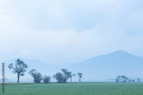 Misty rural landscape at Klastor pod Znievom village, Slovakia.