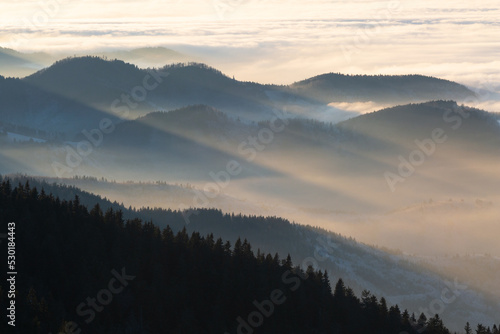 Fototapeta Naklejka Na Ścianę i Meble -  Mala Fatra mountain range shrouded in low clouds, Slovakia.