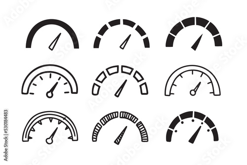 hand drawn doodle Speedometer, tachometer icon collection. Speed indicator sign set. 