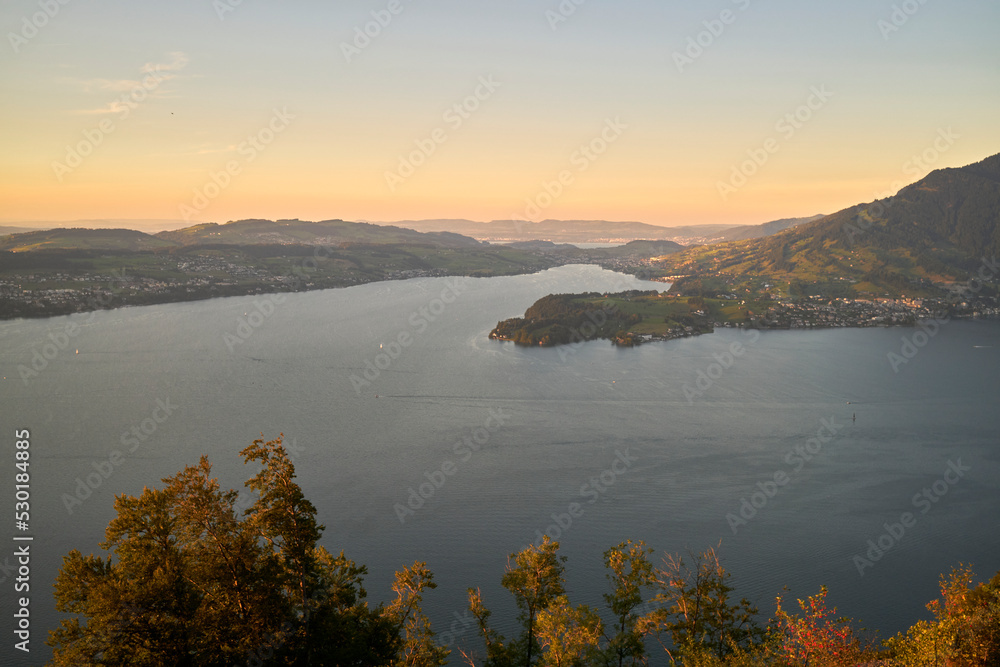 Picturesque landscape of mountains and sea in twilight