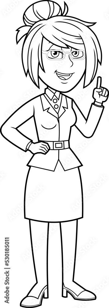 Outlined Female Teacher Cartoon Character Pointing With Finger And Speak. Vector Hand Drawn Illustration Isolated On Transparent Background Outlined Female Teacher Cartoon Character Pointing With Finger And Speak. Vector Hand Drawn Illustration Isolated On Transparent Background