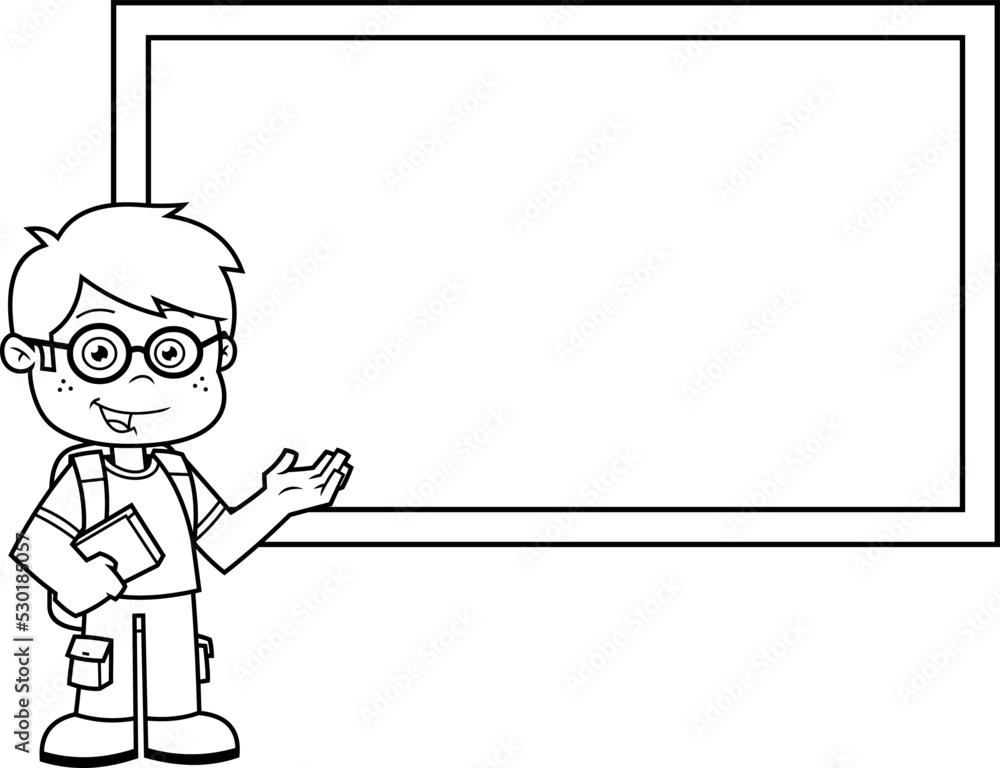 Outlined Happy School Boy Cartoon Character With Textbooks Pointing To Chalk Board. Vector Hand Drawn Illustration Isolated On Transparent Background Outlined Happy School Boy Cartoon Character With Textbooks Pointing To Chalk Board. Vector Hand Drawn Illustration Isolated On Transparent Background