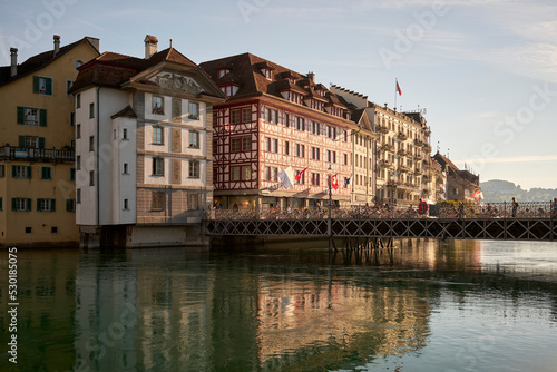 Footbridge near historic houses in town