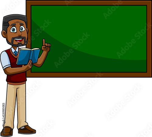 African American Teacher Cartoon Character Read From A Textbook And Pointing To Green Chalk Board. Vector Hand Drawn Illustration Isolated On Transparent Background