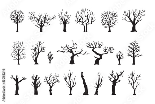 Dead tree silhouettes. dying black scary trees forest illustration. natural dying old tree of set