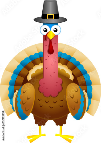 Funny Turkey Cartoon Character With Pilgrim Hat. Vector Illustration Flat Design Isolated On Transparent Background