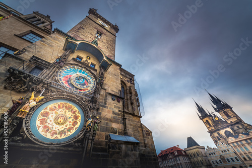 Astronomical clock in Prague old town square at night, Czech Republic