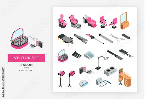 Salon vector elements set isometric. A wide collection of beauty salon equipment, makeup, etc. This design is perfect for cosmetic and beauty companies. Color Editable Eps 10.