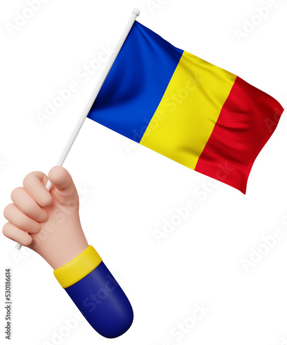 3d cartoon hand holding romania flag