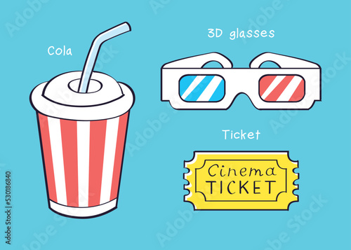 Striped cola or soda soft drink paper cup with straw, 3d cinema glasses and ticket isolated vector illustration, cinema items cartoon icons set.