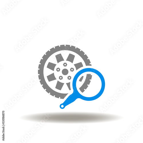 Vector illustration of tire with magnifier. Symbol of tire fitting. Icon of car repair service.