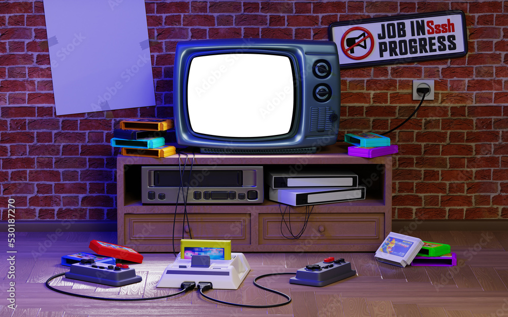 3d illustration. Old-fashioned TV set with gamepads, game console and  floppy disks(cartridges), video recorder. Retro media and room, 90s  entertainment. White background on the screen, for your image. Stock  Illustration | Adobe