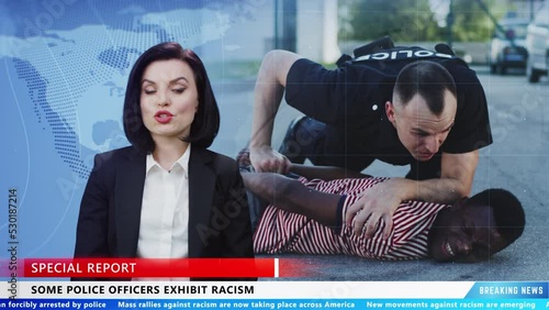 Female news anchor in TV studio reporting breaking news about racism and commenting racist attitude of the police officers photo