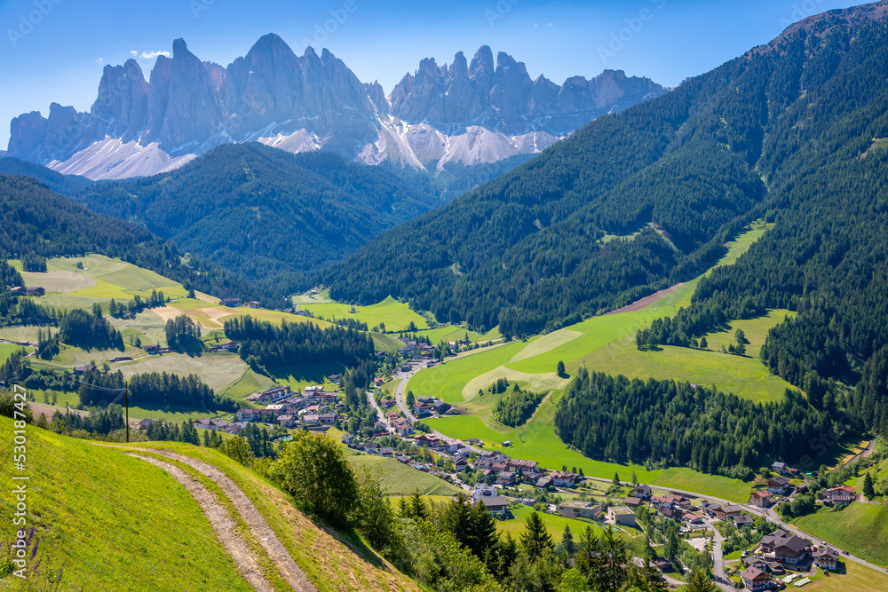 Idyllic Val di Funes neat St. Magdalena, Dolomites alps in Northern Italy