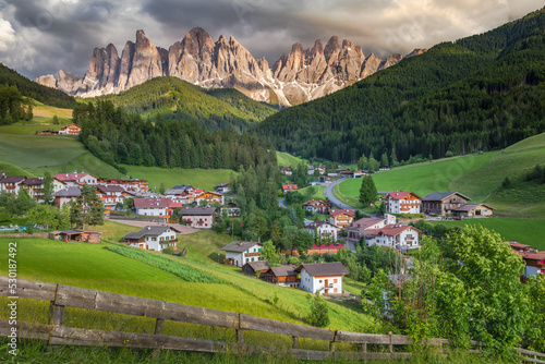 Idyllic Val di Funes in St. Magdalena, Dolomites alps in Northern Italy