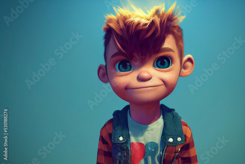 Cute illustrated kid, 3d cartoon of a boy, goofy and funny photo