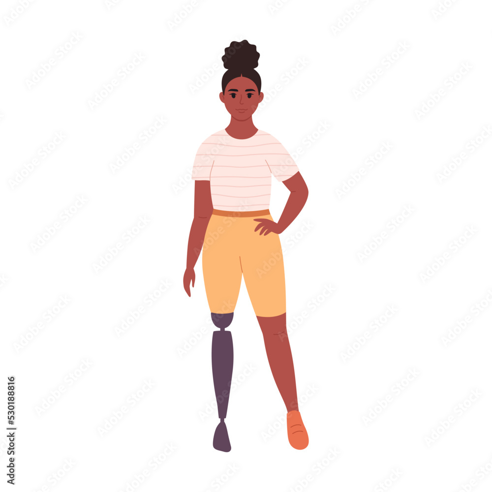 Disabled young black woman with prosthetic leg. Female character with a physical disability. Hand drawn vector illustration. Disabled young black woman with prosthetic leg. Female character with a physical disability. Hand drawn vector illustration.