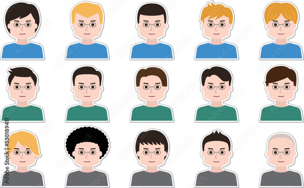 Sticker set of man cartoon icon faces with glasses. Vector illustration isolated on transparent background. Sticker set of man cartoon icon faces with glasses. Vector illustration isolated on transparent background.
