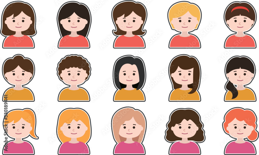 Set of woman avatar icon faces with frame border. Vector illustration isolated on transparent background. Set of woman avatar icon faces with frame border. Vector illustration isolated on transparent background.