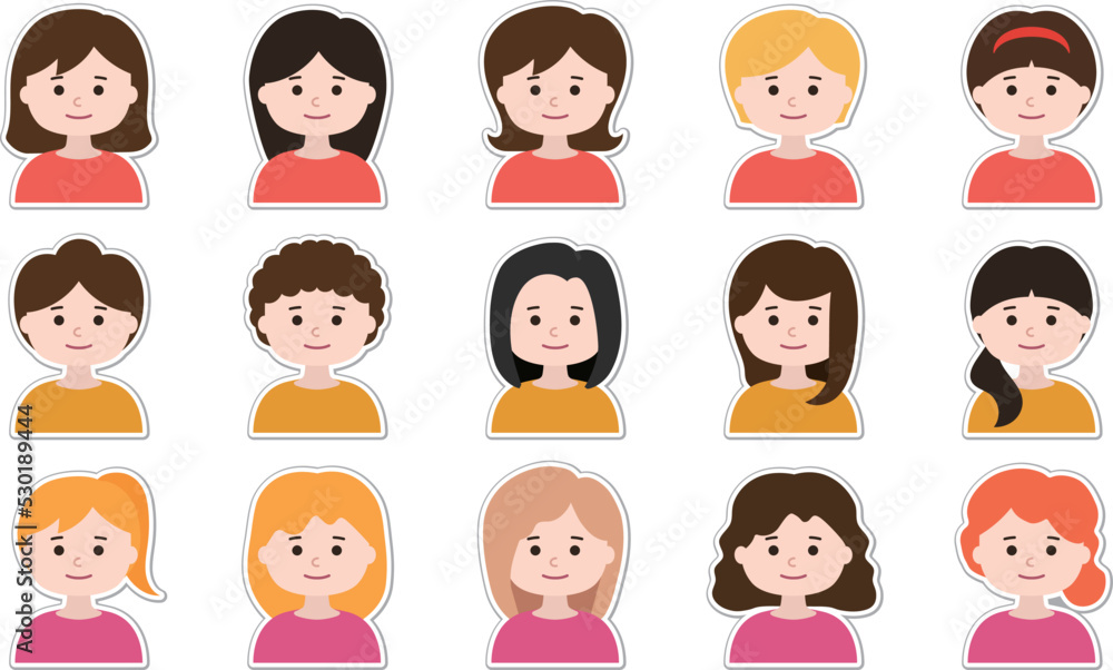 Sticker set of woman avatar icons. Vector illustration isolated on transparent background. Sticker set of woman avatar icons. Vector illustration isolated on transparent background.