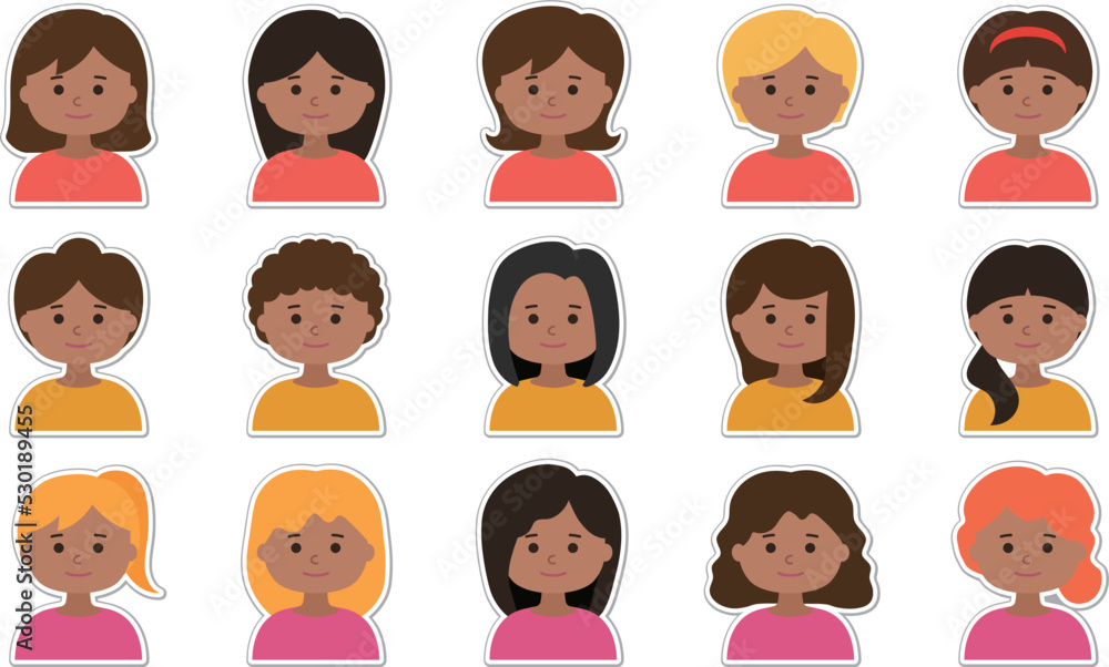 Sticker set of woman avatar icons. Vector illustration isolated on transparent background. Sticker set of woman avatar icons. Vector illustration isolated on transparent background.