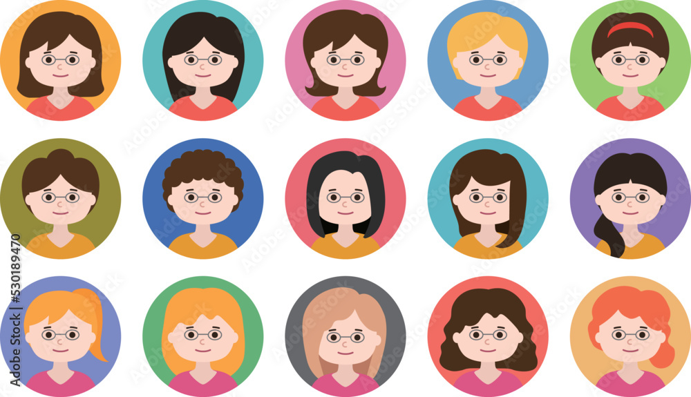 Woman with glasses avatar icon set. Vector illustration isolated on transparent background. Woman with glasses avatar icon set. Vector illustration isolated on transparent background.