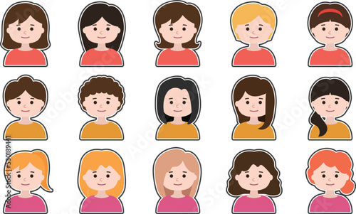 Set of woman avatar icon faces with frame border. Vector illustration isolated on transparent background. © mikenoki