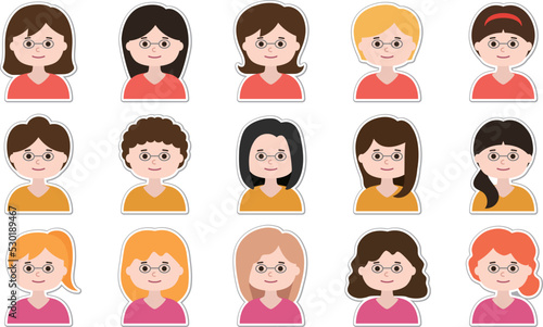 Woman with glasses avatar sticker set with frame border. Vector illustration isolated on transparent background.