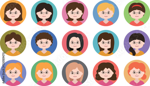 Woman with glasses avatar icon set. Vector illustration isolated on transparent background.