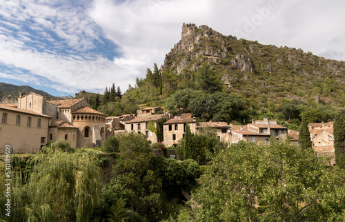 view of Saint-Guilhem-le-Désert medieval town in southern France