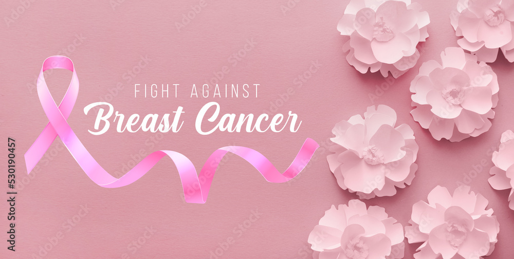 Banner with paper flowers, ribbon and text FIGHT AGAINST BREAST CANCER on pink background