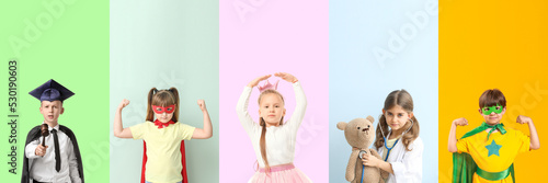 Group of active little children on color background