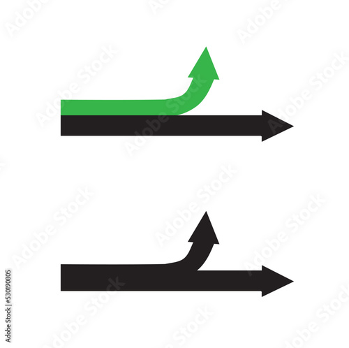 A set of arrows. The curved arrow is green and black horizontal, black straight and upward isolated on a white background. The concept of innovation, creativity, individuality. Flat design style