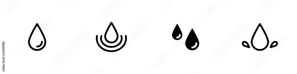Conjunto de iconos de gota azul de agua de diferentes estilos. Concepto de lluvia. Ilustración vectorial