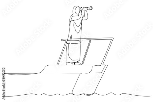 Cartoon of smart muslim businesswoman boat captain control steering wheel helm with telescope vision. Business leadership and visionary to lead company success. Continuous line art style