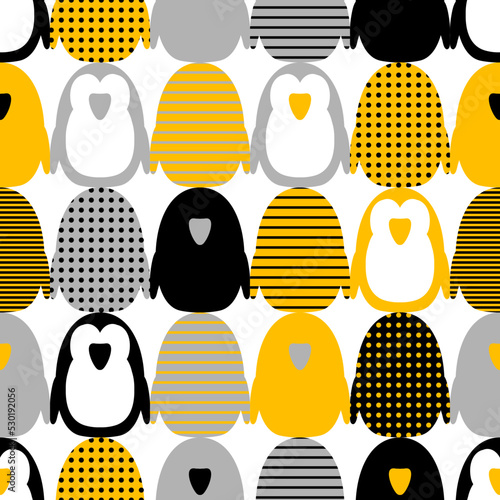 Retro seamless pattern with abstract penguins in mid century modern style. Perfect vintage print for paper, textile and fabric. Hand drawn vector illustration for decor and design.