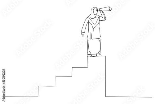 Illustration of muslim businesswoman and telescope. Vision concept in business , symbol leadership, strategy, mission, objectives. One line style art © rina
