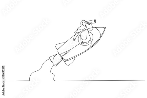 Drawing of muslim businesswoman manager open rocket window using telescope looking forward. Entrepreneurship, leadership to see future vision. Single continuous line art © rina