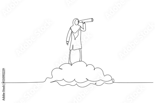 Illustration of muslim businesswoman riding cloud holding telescope or binocular to search for business visionary. Opportunity, vision company target concept. One continuous line art style