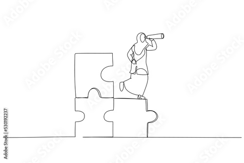 Drawing of muslim businesswoman standing on uncompleted jigsaw looking for missing piece. Finding solution concept. Single line art style