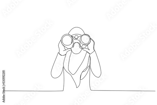 Drawing of young muslim businesswoman using binoculars. Single line art style