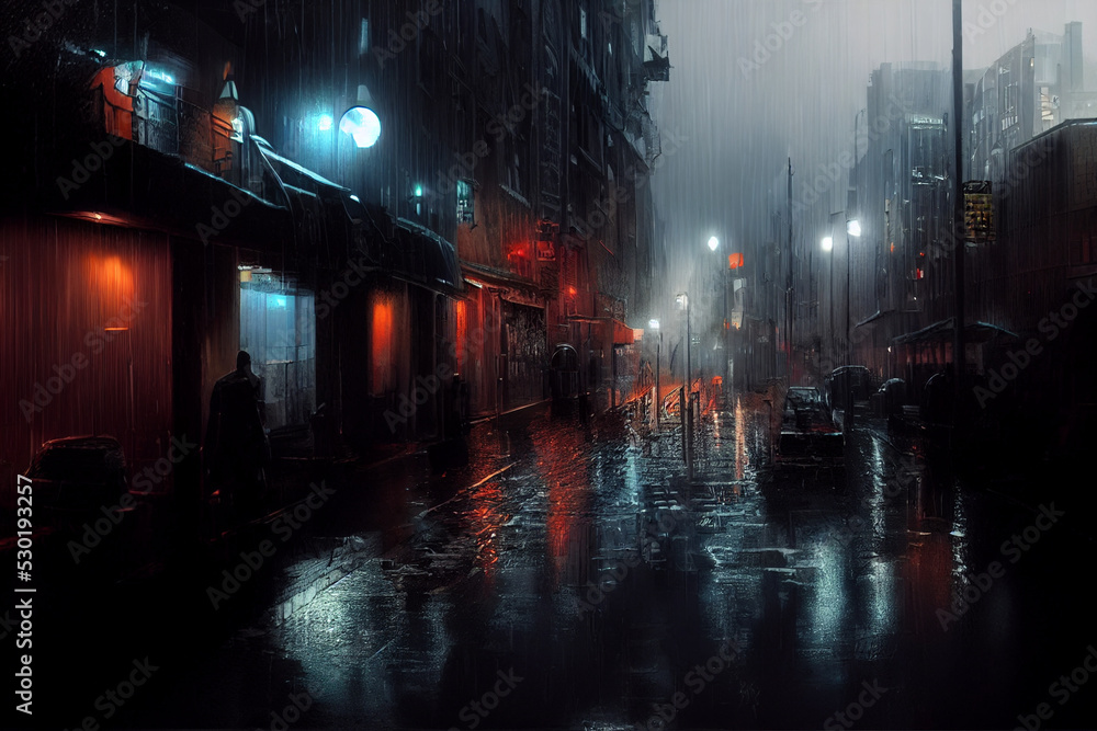 Obraz premium illustration of imaginary urban scenery at night with rain