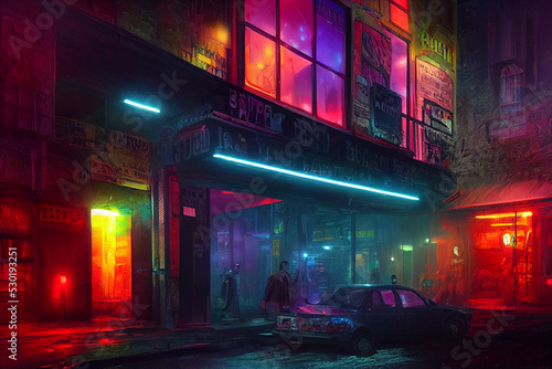 illustration of imaginary urban scenery at night with lots of neon lighting